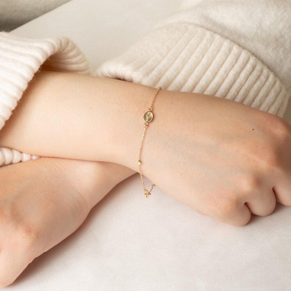 14K Solid Gold Religious Cross Mother Mary Medallion Bracelet